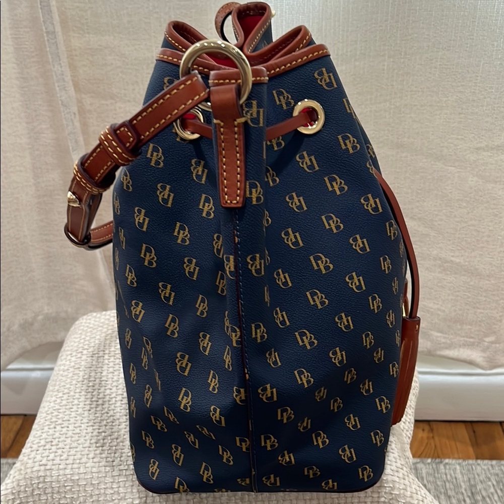 Dooney & Bourke Navy and Brown Drawstring Bucket Shoulder Bag - Picture 4 of 10